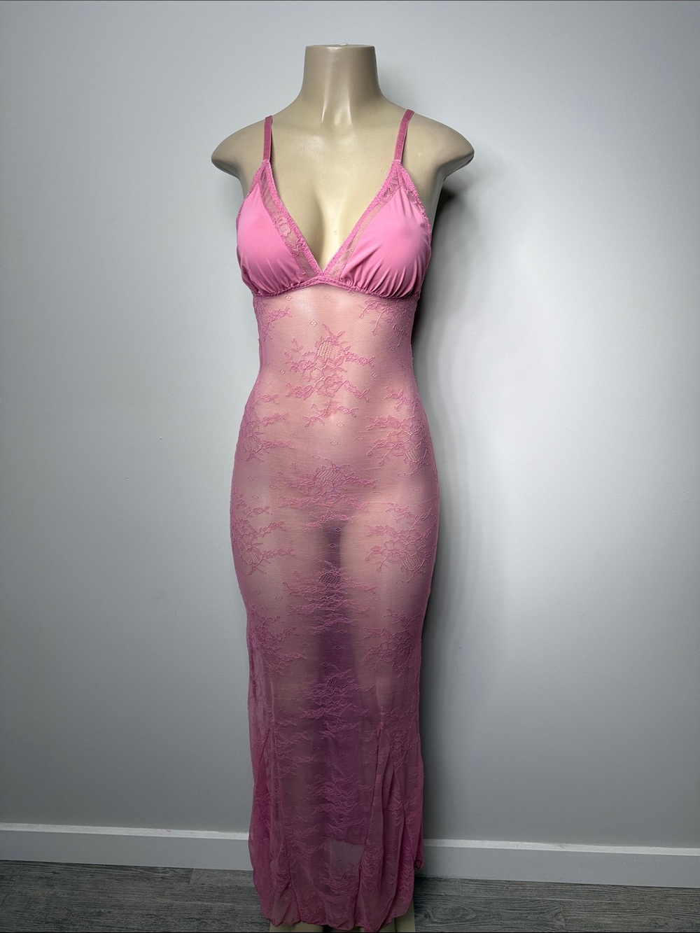 Sheer Pink Lace Maxi Slip with Adjustable Straps